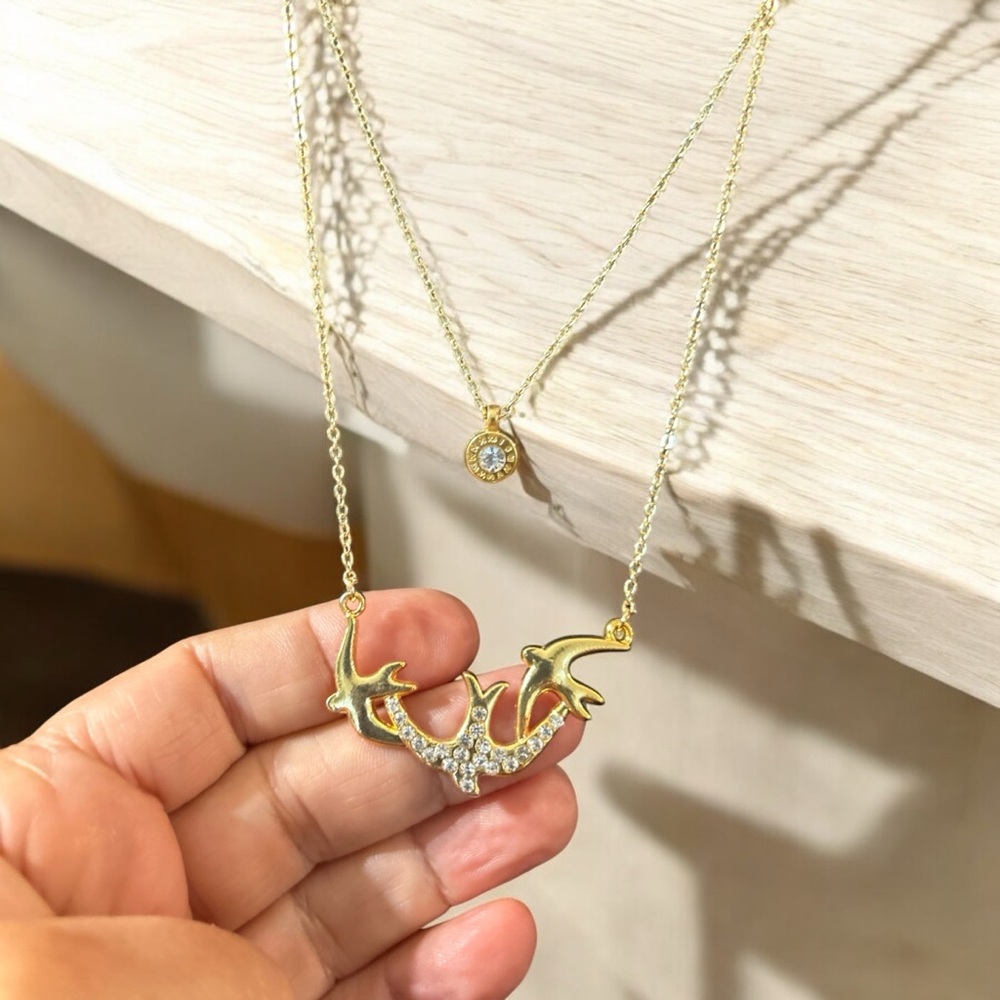Piece Layered Necklace Set, Flying Birds Golden Plated Birds Sparkly